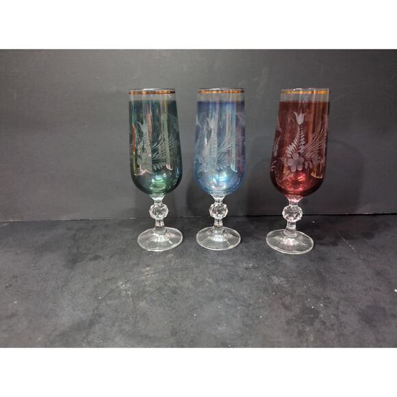 Bohemia Crystal Fluted Champagne Glass Goblet Set, Iridescent Floral Pattern‎ - Picture 1 of 9